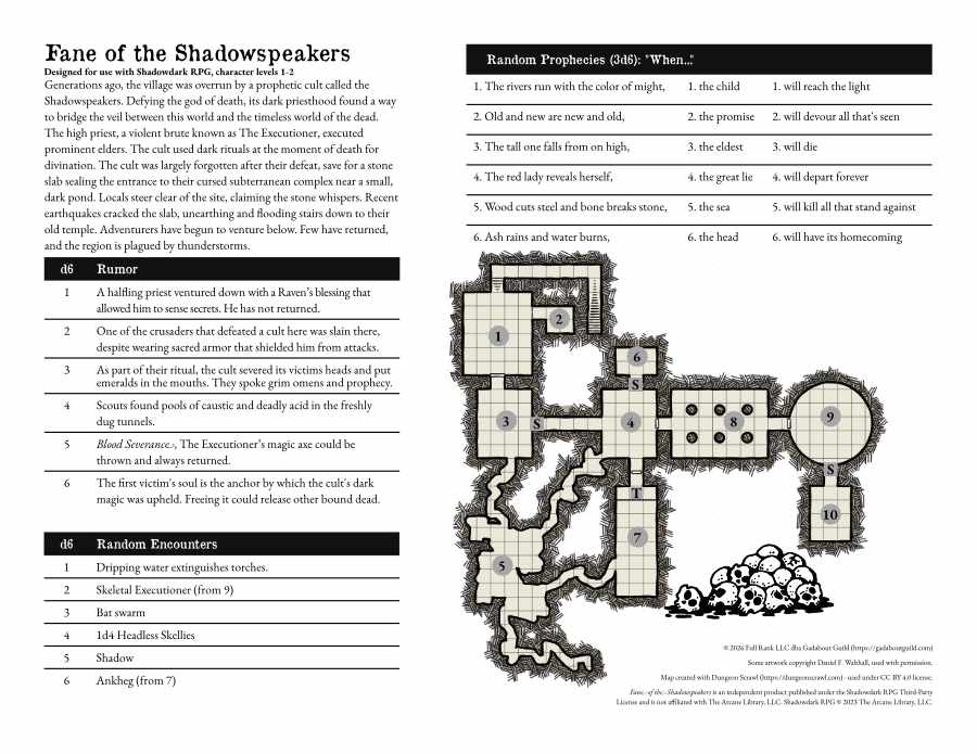 Fane of the Shadowspeakers — one-page dungeon sheet with a keyed map, rumor and encounter tables, and a random prophecy generator